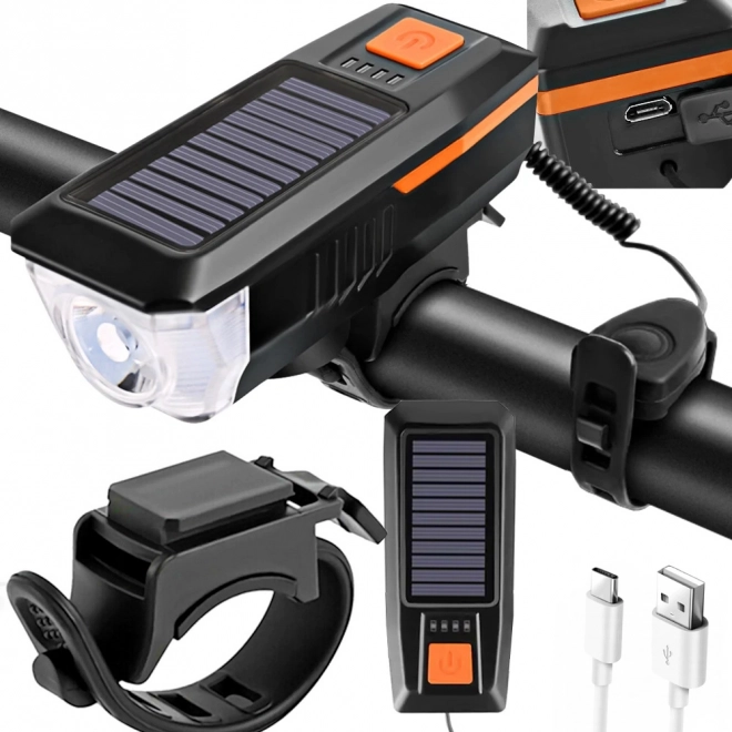 Lumină LED frontală pentru bicicletă cu încărcare solară și claxon
