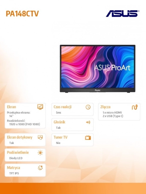 Monitor portabil 14″ ASUS PROART, IPS, USB‑C, micro‑HDMI, 100 % sRGB