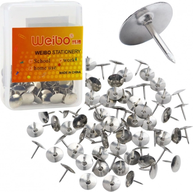 Piuneze metalice rotunde pentru birou argintii 40 buc