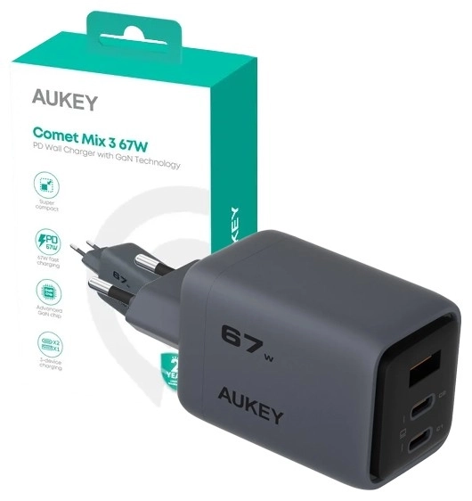 Încărcător de perete ultrarapid Aukey PA-C3 Comet Mix 3 GaN 67 W 3x USB (2x USB-C și 1x USB-A)