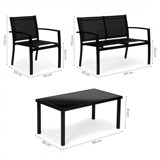 Set de mobilier de grădină: masă, bancă, fotolii, metalic
