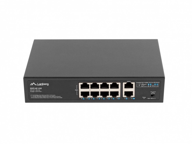 LANBERG switch PoE+ cu 8 porturi 10/100 Mb/s și 2× uplink gigabit, montabil în rack
