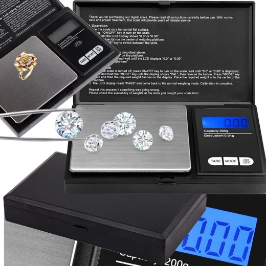 Cântar de buzunar digital pentru bijuterii 200 g / 0,01 g cu platformă din inox