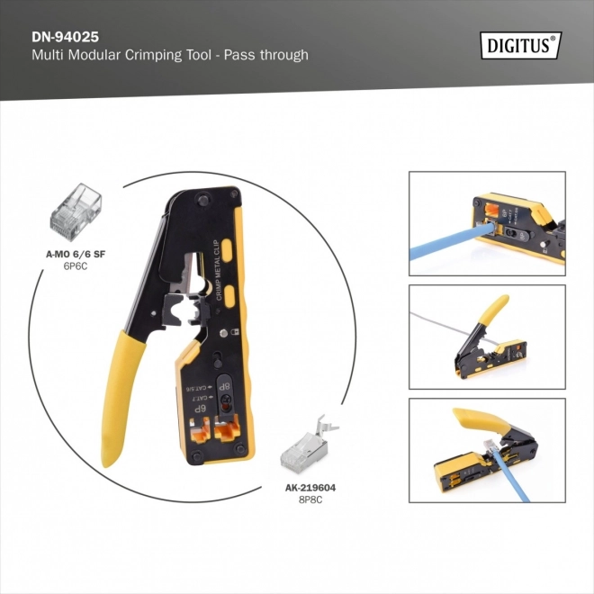Clește pentru conectori trecători RJ45 Cat.5e/Cat.6, RJ12, RJ11 cu funcție de tăiere și decojire a cablurilor