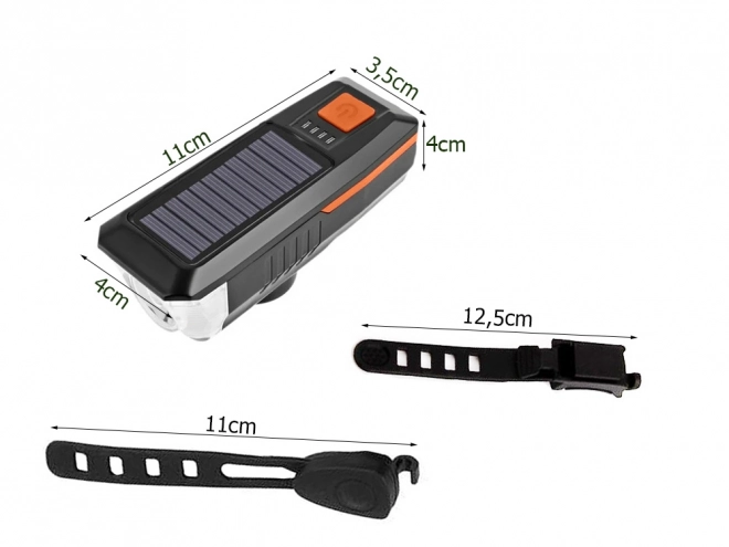 Lumină LED frontală pentru bicicletă cu încărcare solară și claxon