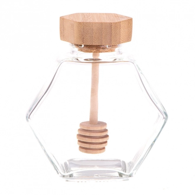 Borcan hexagonal pentru miere cu linguriță de lemn