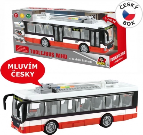 Troleibuz cu anunțuri în limba cehă și lumini cu mecanism inerțial 28 cm