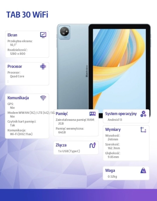 Tablet Blackview TAB 30 WiFi cu ecran HD+ de 10,1 inci