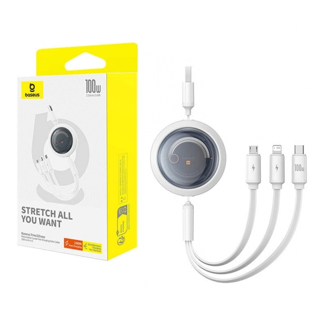 Cablu 3 în 1 Baseus Free2Draw 100W alb USB M+L+C