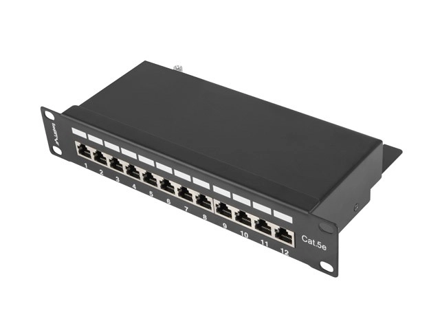 Panou de Patch 12 Porturi 1U 10 țoli Cat.5e Ecranat Negru