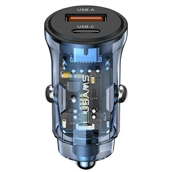 Încărcător auto rapid 30W cu USB și USB-C albastru