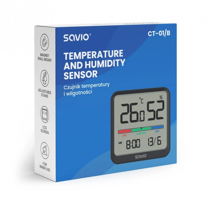 Senzor de temperatură și umiditate, pentru utilizare în interior, afișaj LCD, ceas, dată, mâner cu magnet, CT-01 – Negru