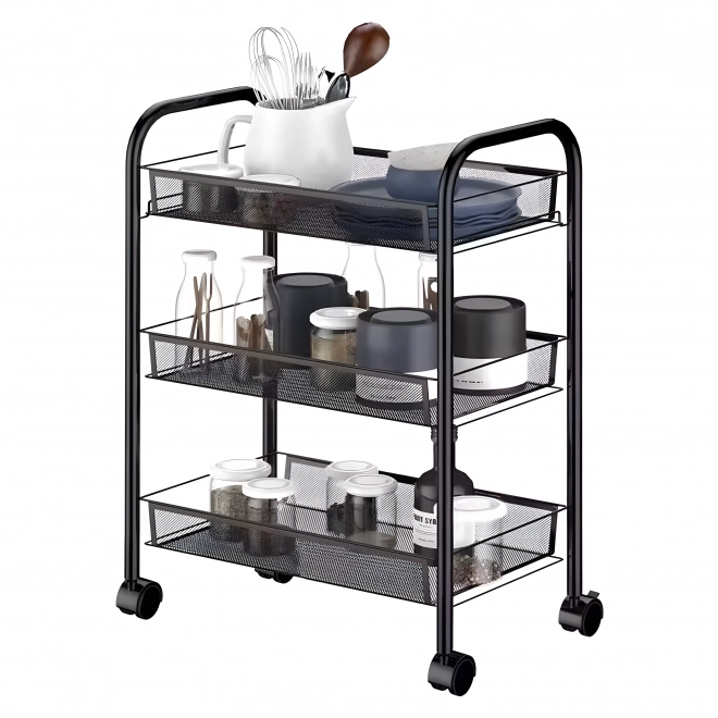 Etajeră mobilă de baie neagră metal ModernHome cu 3 rafturi și roți