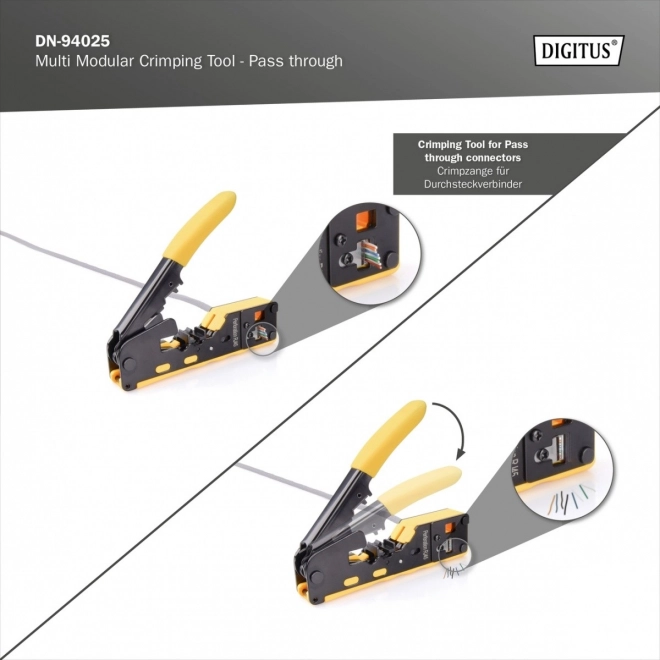 Clește pentru conectori trecători RJ45 Cat.5e/Cat.6, RJ12, RJ11 cu funcție de tăiere și decojire a cablurilor