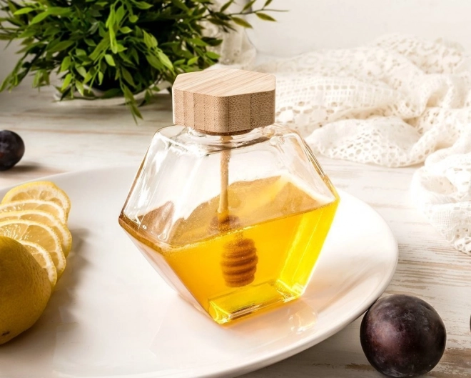 Borcan hexagonal pentru miere cu linguriță de lemn