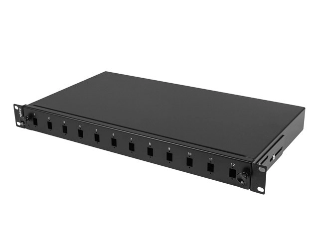 Przełącznica rack 19 pentru fibră optică cu 12 porturi SC simplex sau 12 LC duplex, neagră, cu accesorii