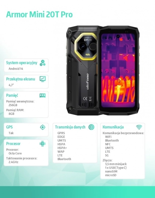 Smartphone Armor Mini 20T Pro 5G 4.7 inch 8/256GB IP69K termoviziune negru