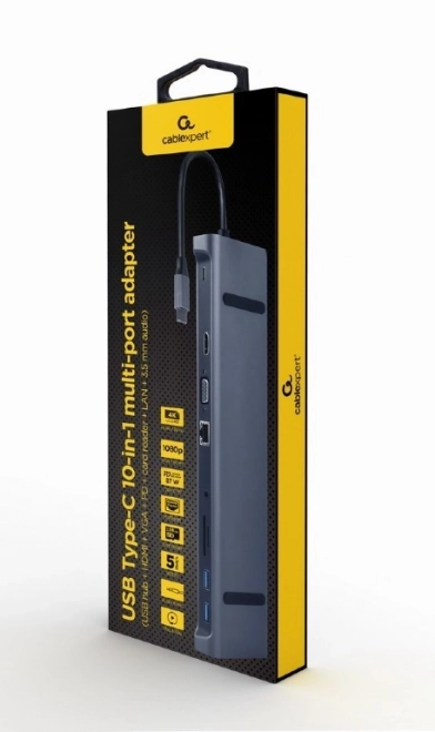 Hub USB-C 10 în 1 cu HDMI, VGA, LAN și Cititor Carduri