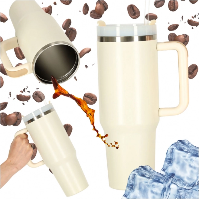 Cana termică crem cu pai și mâner 1200 ml