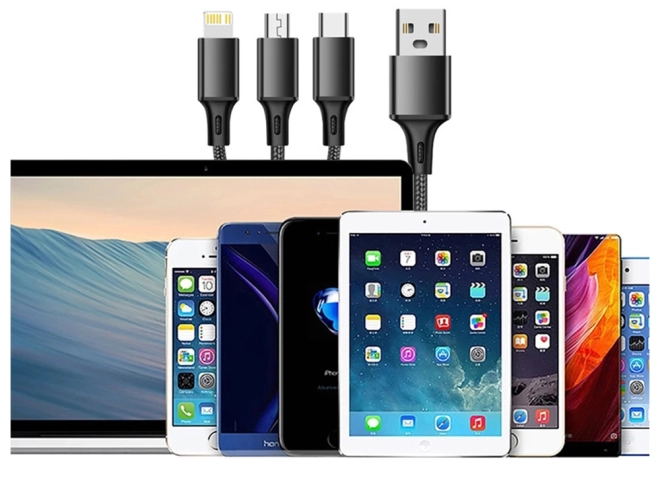 3in1 cablu usb pentru telefon cablu fulger iphone micro usb tip-c 1,2 m – Negru