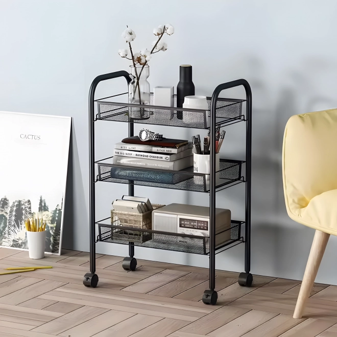 Etajeră mobilă de baie neagră metal ModernHome cu 3 rafturi și roți