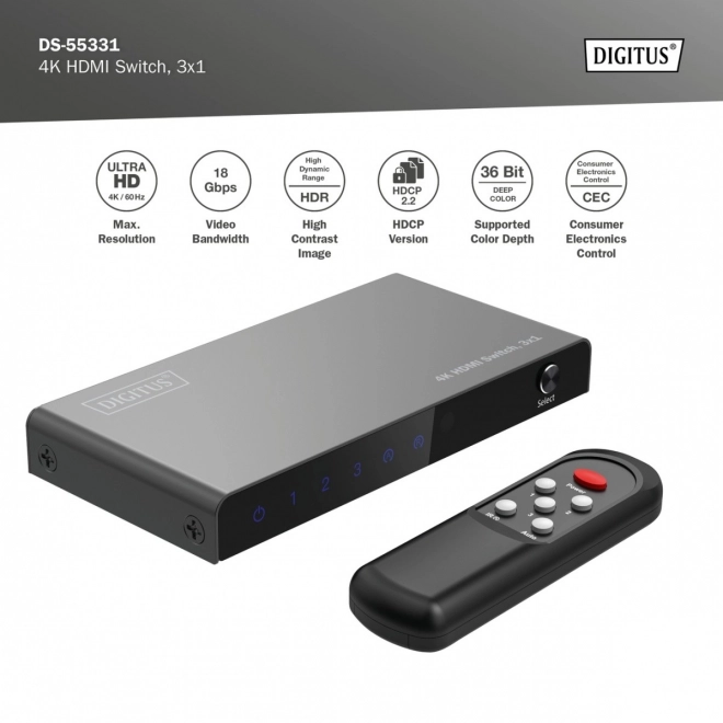 Comutator HDMI 4K 3x1 cu telecomandă