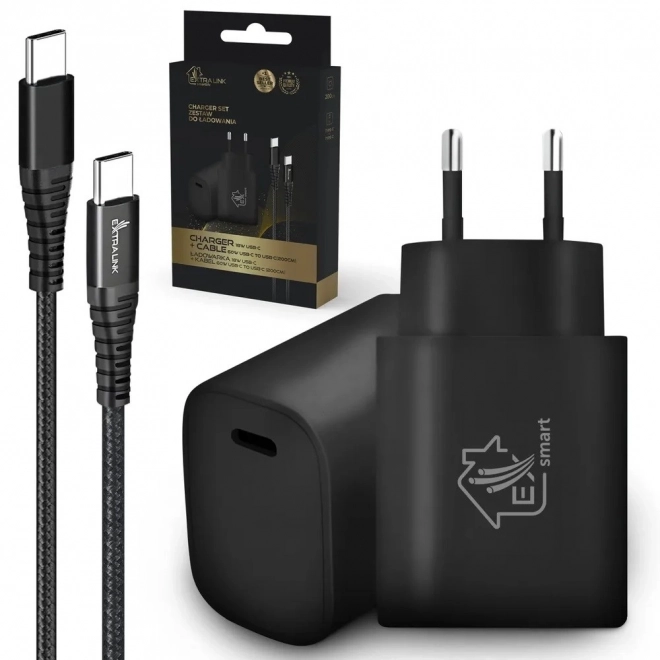 Set cablu USB Type-C la Type-C și încărcător PD 18W negru