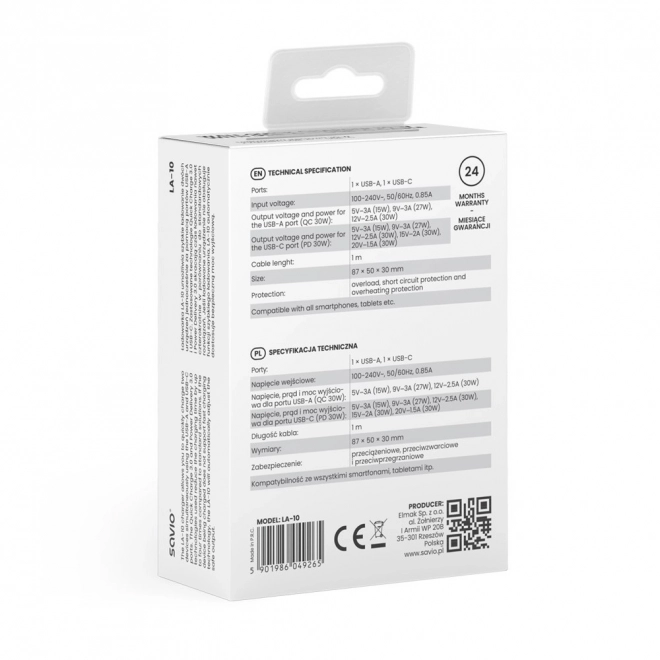 Încărcător Savio 30W Quick Charge Power Delivery Alb cu Cablu