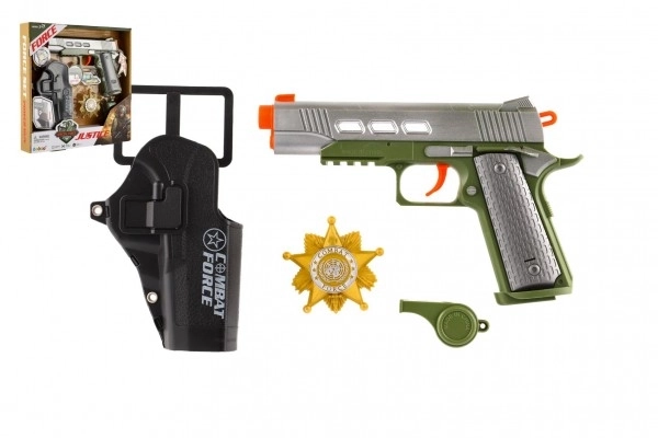 Pistolă cu accesorii din plastic pe baterii cu sunet și lumină în cutie 25x25x4cm