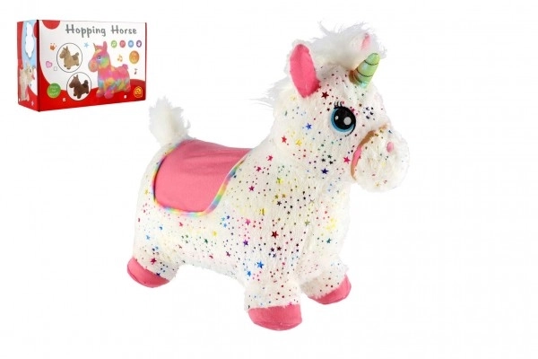Căluț săltăreț de pluș în formă de unicorn cu sunete, alb cu steluțe