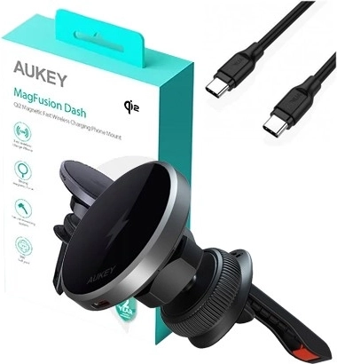 Suport auto magnetic cu încărcare wireless 15 W AUKEY Qi2 (negru)