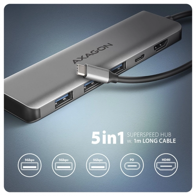 Hub USB-C multiport 5‑în‑1 5Gbps cu HDMI 4K/30 Hz, 3× USB-A, PD 100 W și cablu USB‑C de 100 cm