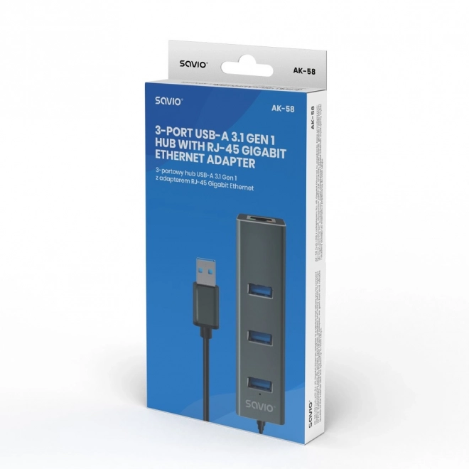 Hub usb Savio cu adaptor RJ-45 Gigabit Ethernet