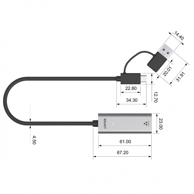 Adaptor Unitek USB-C/USB-A la Ethernet RJ-45 2,5 Gbps