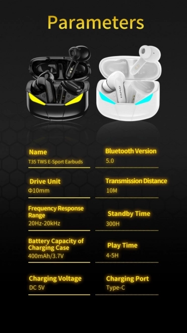 Căști Bluetooth T35 TWS pentru Gaming, Negru