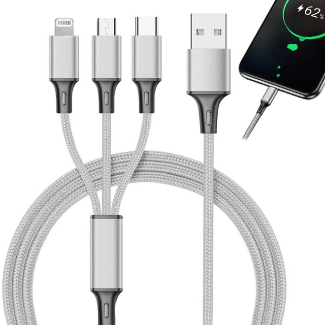 3in1 cablu usb pentru telefon cablu fulger iphone micro usb tip-c 1,2 m – Alb