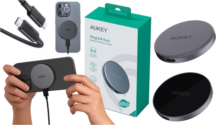 Încărcător wireless magnetic AUKEY MagFusion 15W Qi2 (negru)