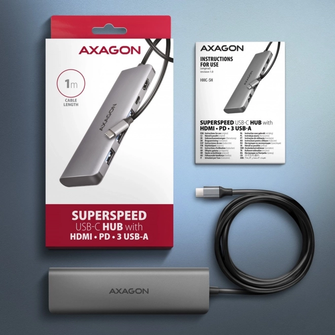 Hub USB-C multiport 5‑în‑1 5Gbps cu HDMI 4K/30 Hz, 3× USB-A, PD 100 W și cablu USB‑C de 100 cm