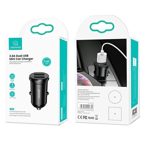 Încărcător auto USB dublu port negru 2,4A