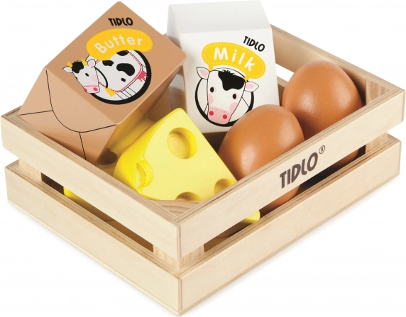 Tidlo ladă din lemn cu produse lactate și ouă