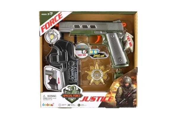 Pistolă cu accesorii din plastic pe baterii cu sunet și lumină în cutie 25x25x4cm