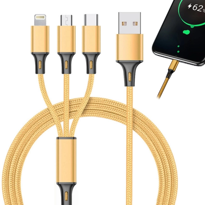 3in1 cablu usb pentru telefon cablu fulger iphone micro usb tip-c 1,2 m – Galben
