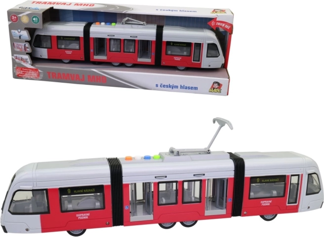 Tramvai cu mecanism cu inerție, lumini și anunțuri în limba cehă