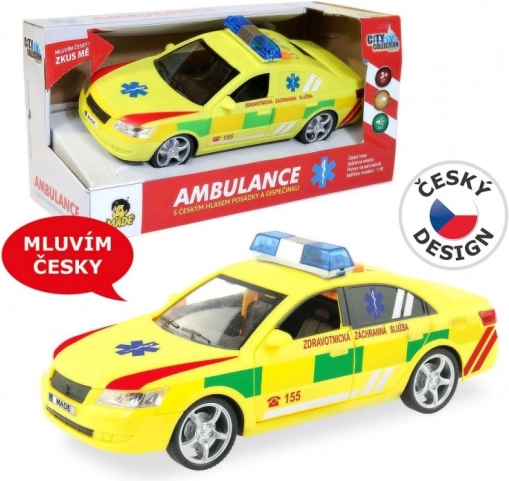 Ambulanță cu girofar și sunet 1:16 cu mecanism cu inerție