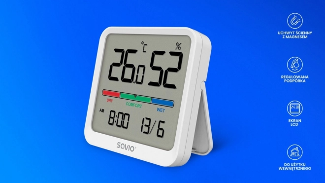 Senzor de temperatură și umiditate, pentru utilizare în interior, afișaj LCD, ceas, dată, mâner cu magnet, CT-01 – Alb