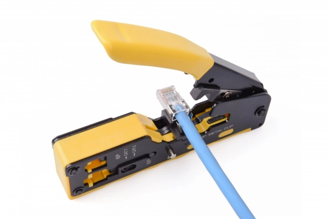Clește pentru conectori trecători RJ45 Cat.5e/Cat.6, RJ12, RJ11 cu funcție de tăiere și decojire a cablurilor