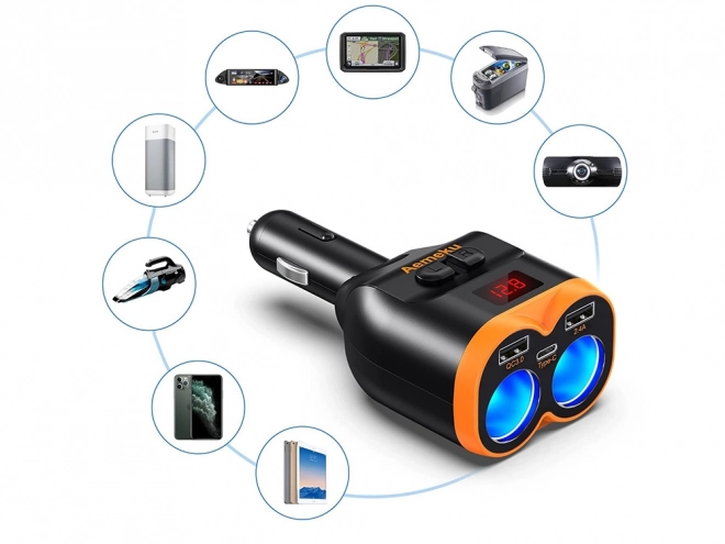 Încărcător auto cu adaptor pentru brichetă 80W cu porturi USB și USB-C