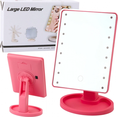 Oglindă cosmetică cu iluminare LED și suport reglabil roz
