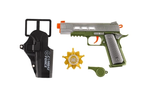Pistolă cu accesorii din plastic pe baterii cu sunet și lumină în cutie 25x25x4cm