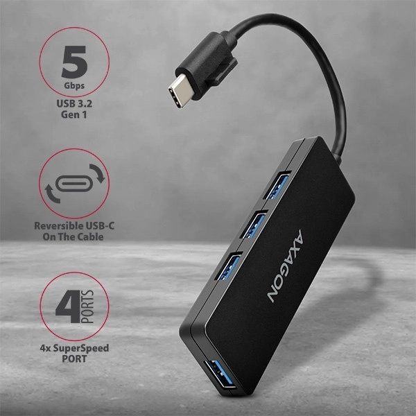 Axagon Slim USB Hub cu 4 porturi USB 3.2 Gen 1 cu cablu Tip-C de 14 cm